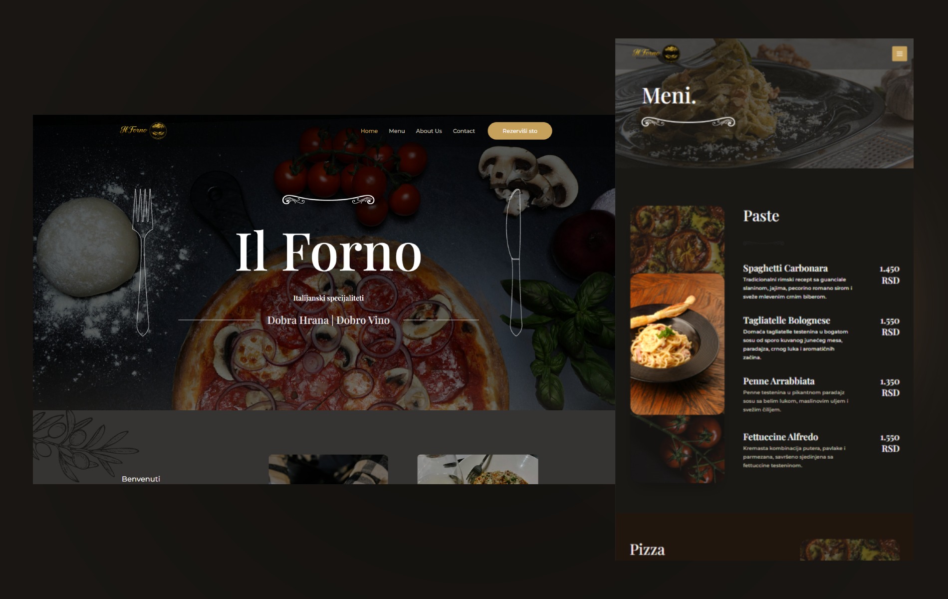 Desktopi mobilni prikaz početne stranice Il Forno sajta